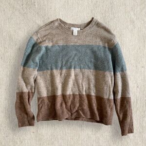 H&M Striped Sweater XS Beige Blue Brown Cozy Knit Crew Neck Pullover Layering